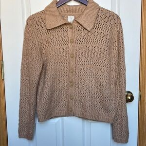 Joie Crochet Open Knit Collared Button Down Cardigan In Tan Brown